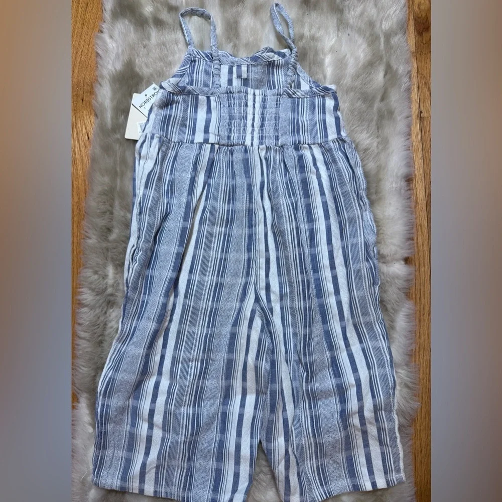 NWT Nordstrom Tucker + Tate Girl Blue White Textured Striped Jumpsuit w Bow 3T
